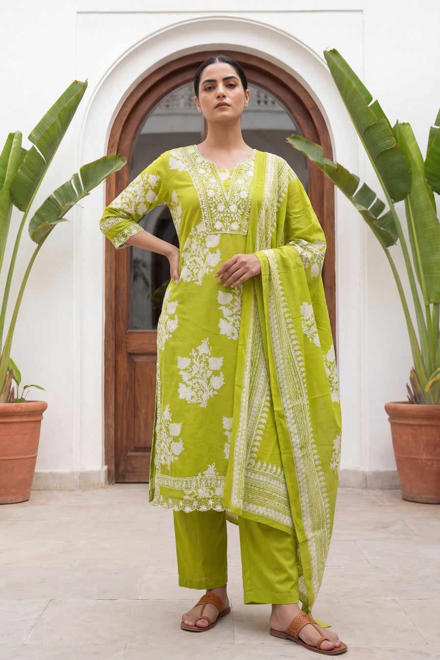 Lime Blossom Crest Floral Cotton Dupatta Set — image 9