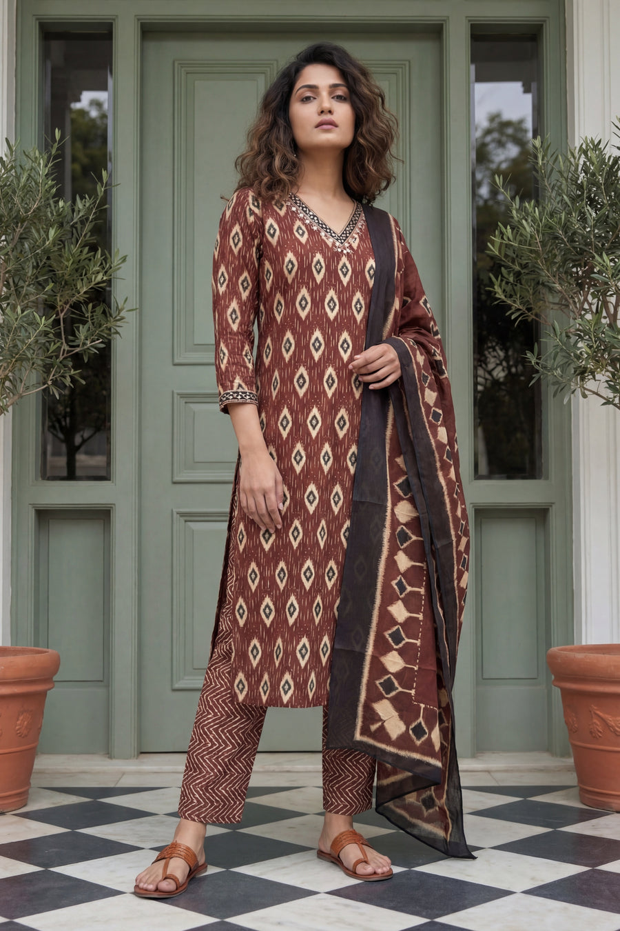 Burgundy Brilliance Cotton Kurta Dupatta Set — image 10