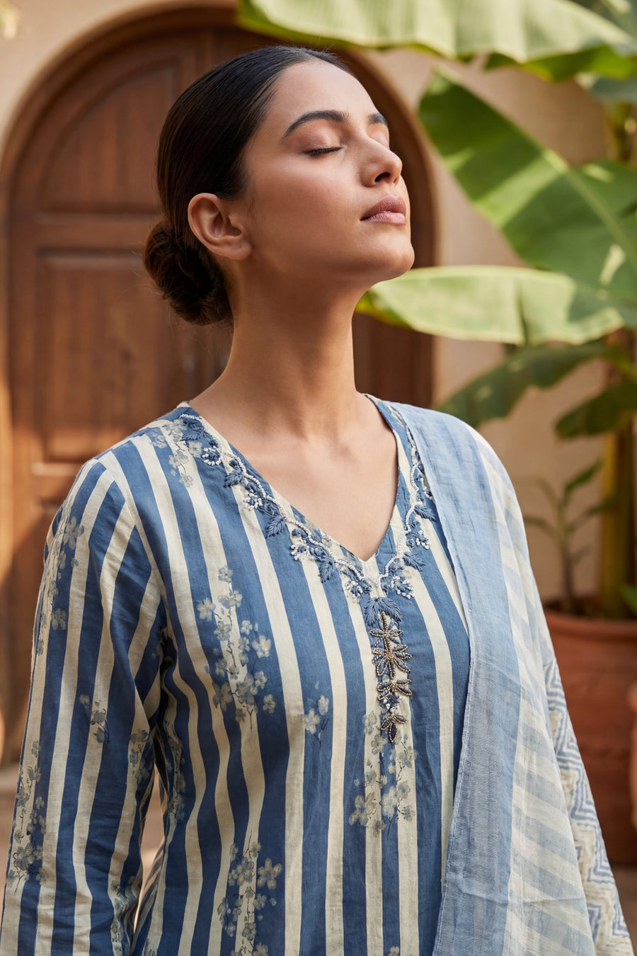Slate Sprig Elegance Stripe Cotton Dupatta Set — image 5