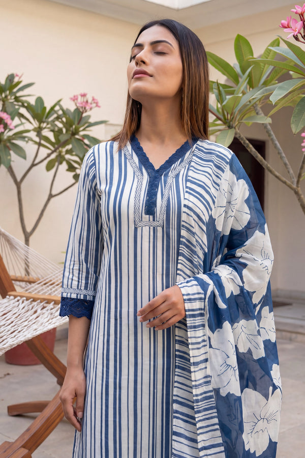 Shibori Mist Denim Dusk Striped & Floral Cotton Suit Set