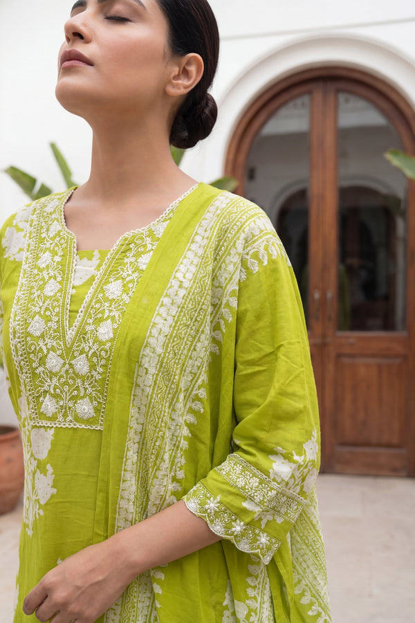 Lime Blossom Crest Floral Cotton Dupatta Set