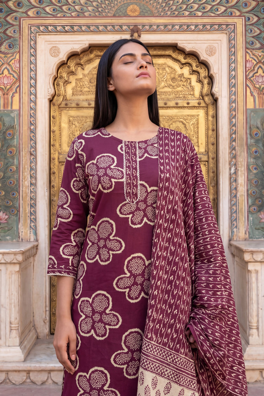 Woven Katha Plum Floral Cotton Suit Set — image 2