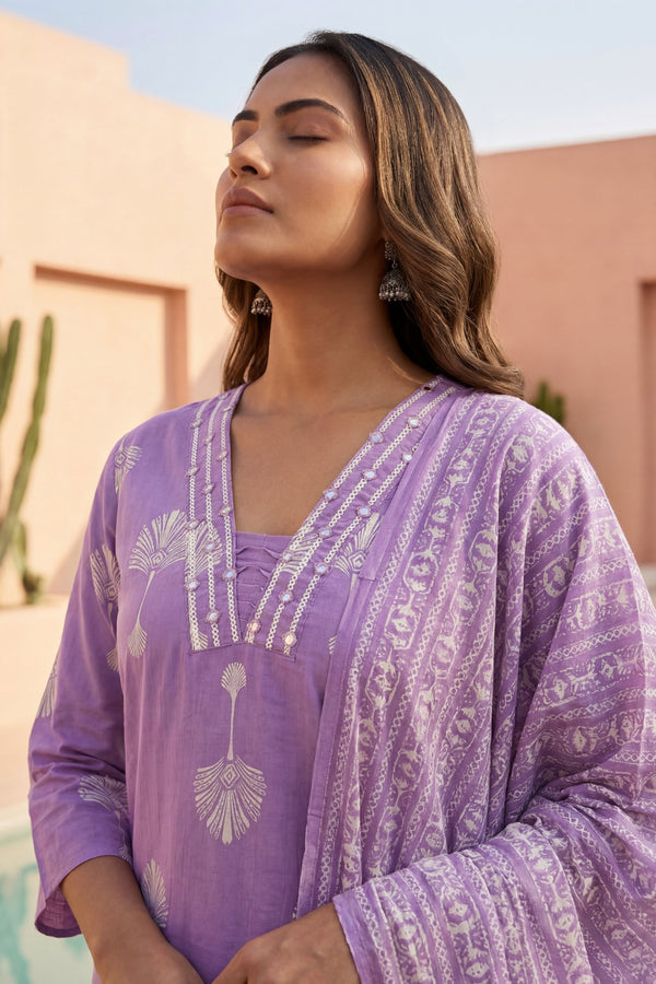 Lilac Palm Reverie Boota Cotton Dupatta Set