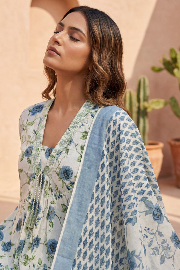 Ivory Rose Garden Blue Floral Cotton Dupatta Set