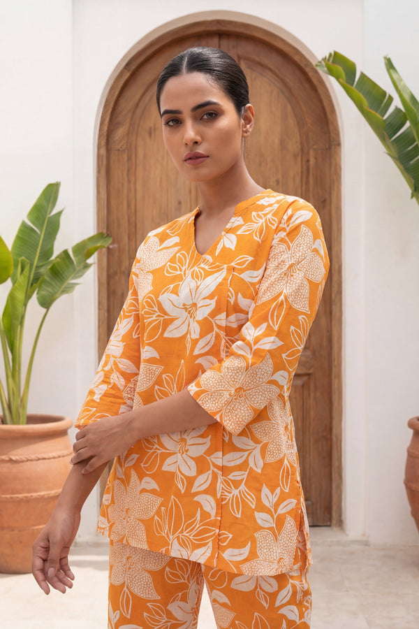 Saffron Blossom Orange Floral Cotton Co-ord Set