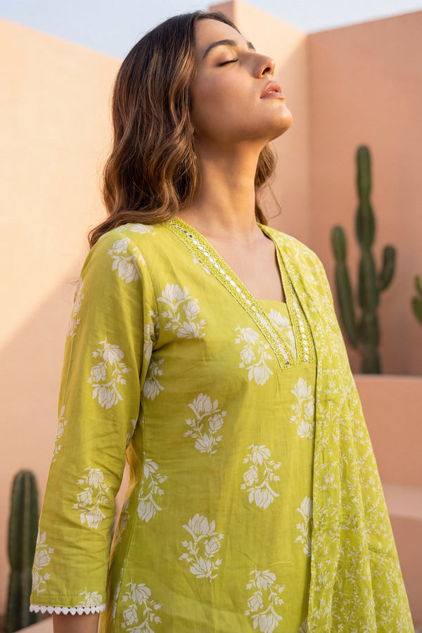 Lime Rosebud Garden Floral Cotton Dupatta Set