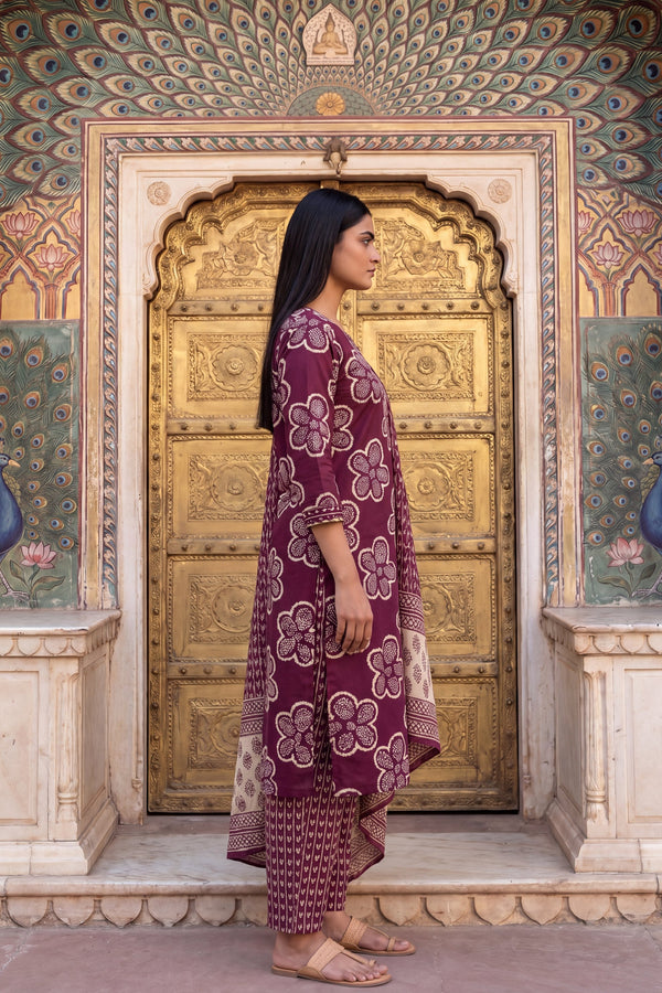 Woven Katha Plum Floral Cotton Suit Set