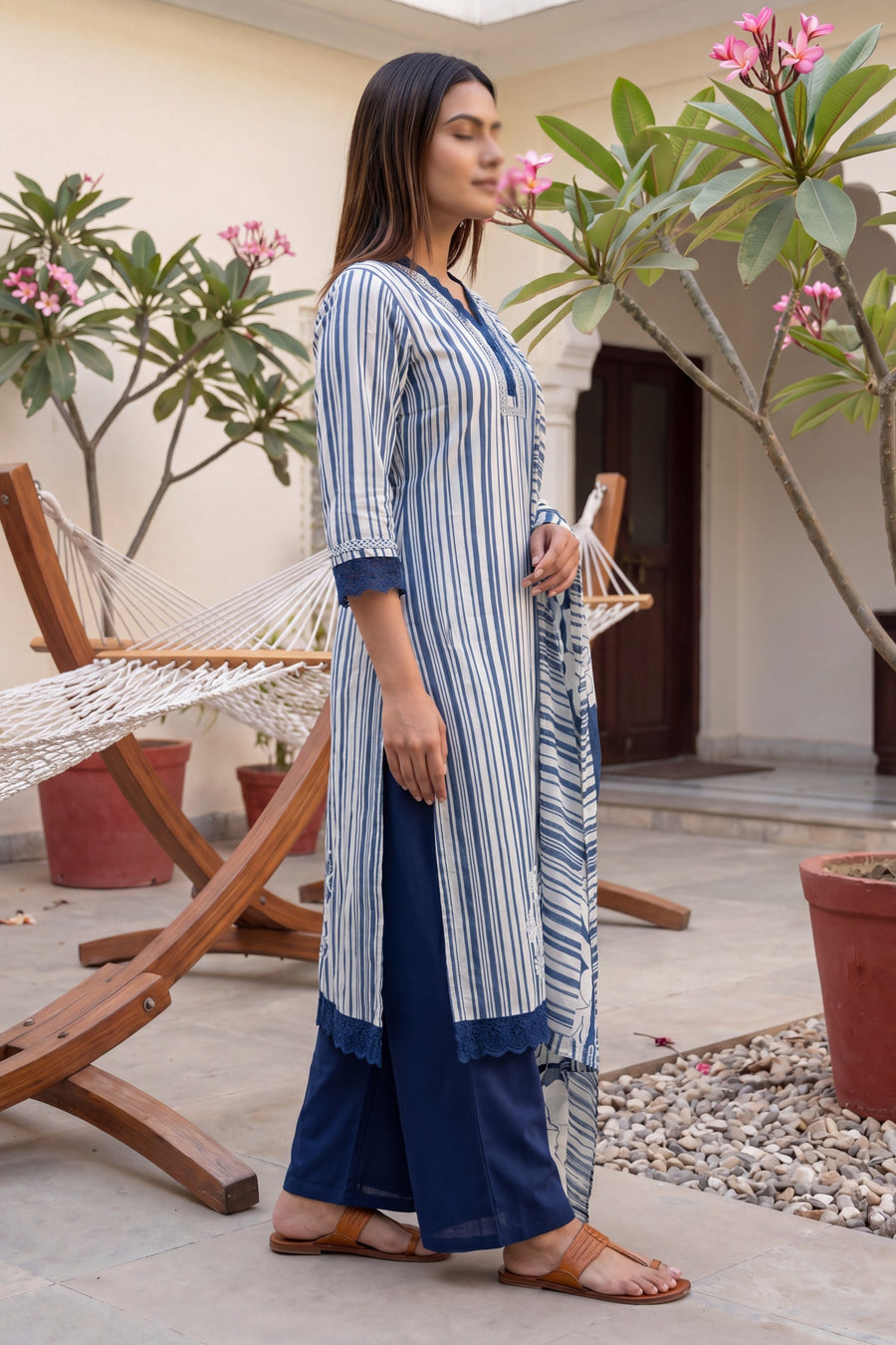 Shibori Mist Denim Dusk Striped & Floral Cotton Suit Set — image 5