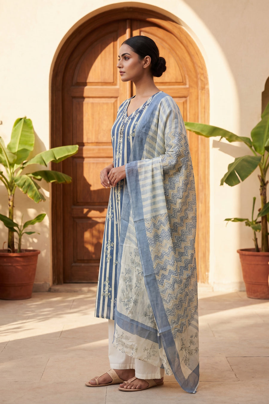 Slate Sprig Elegance Stripe Cotton Dupatta Set — image 11