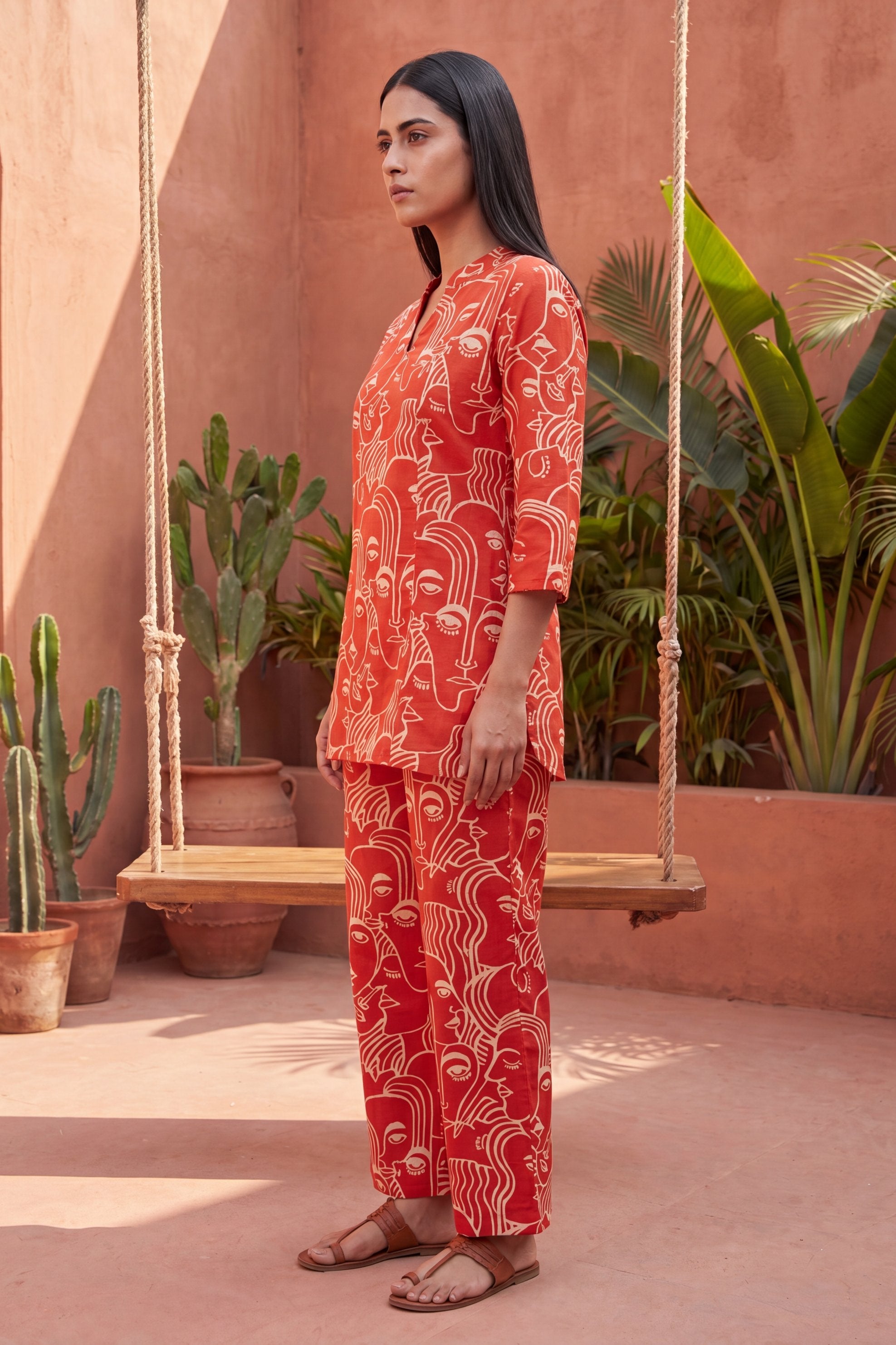 Sunlit Bloom Orange Anghrakha Cotton Co-ord Set