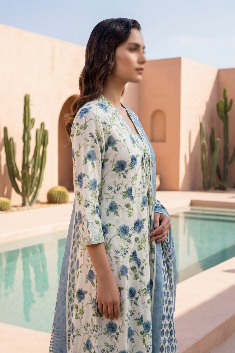 Ivory Rose Garden Blue Floral Cotton Dupatta Set — image 9