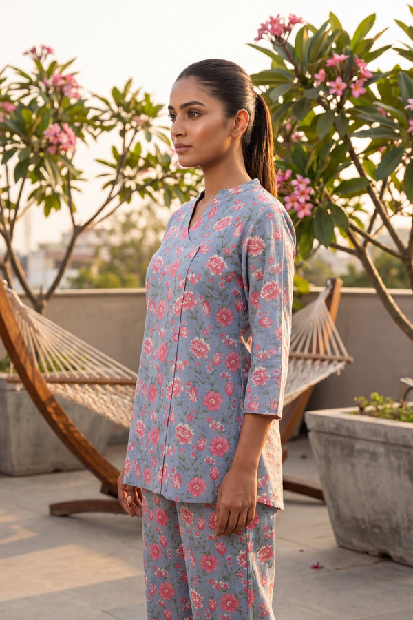 Rosewood Cluster Slate Blue Floral Cotton Co-ord Set