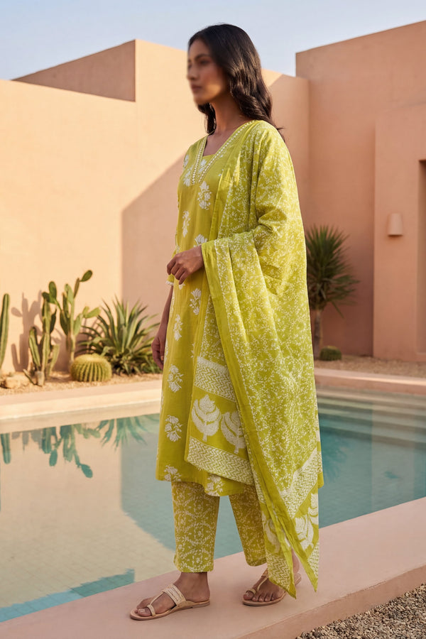 Lime Rosebud Garden Floral Cotton Dupatta Set
