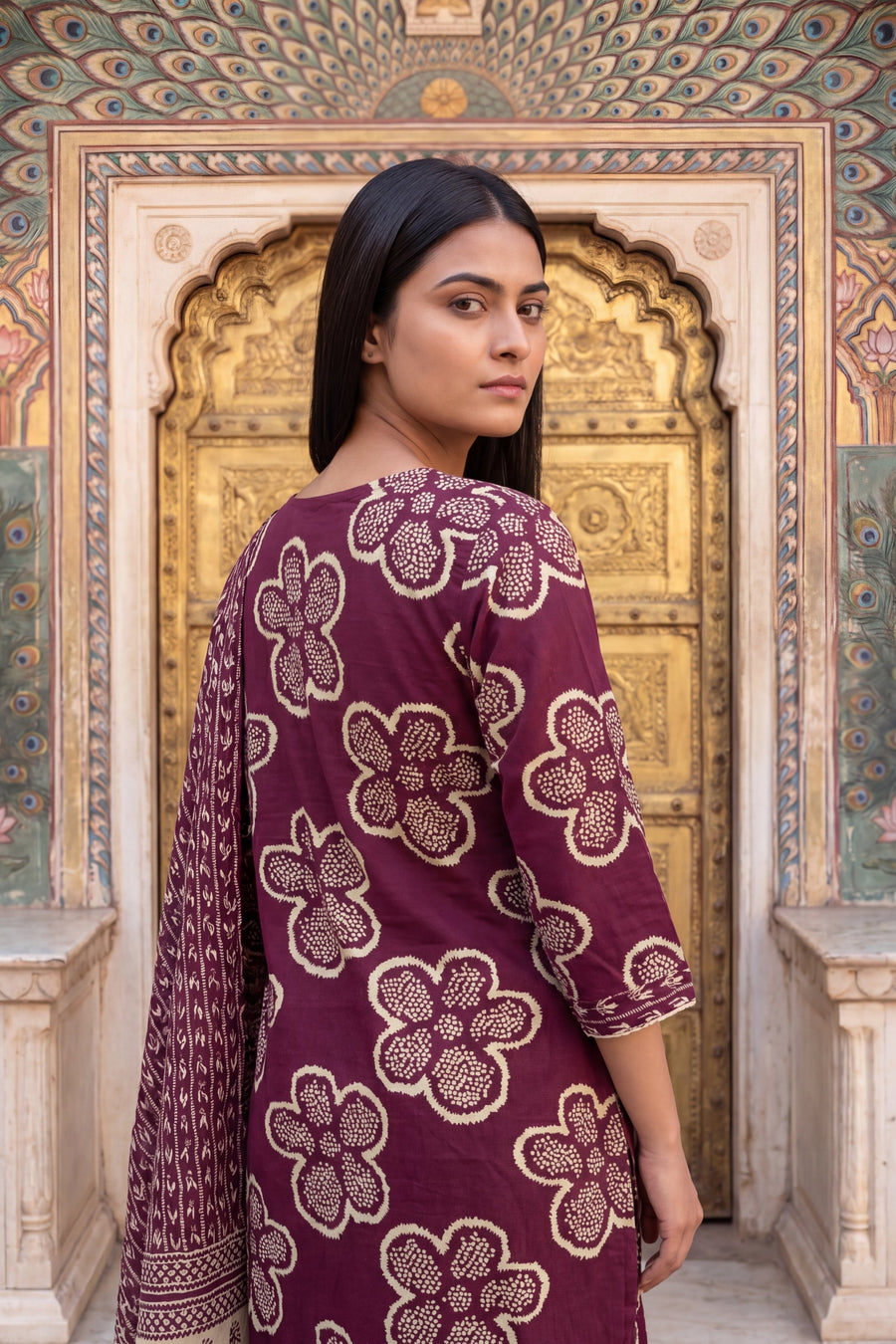 Woven Katha Plum Floral Cotton Suit Set — image 7