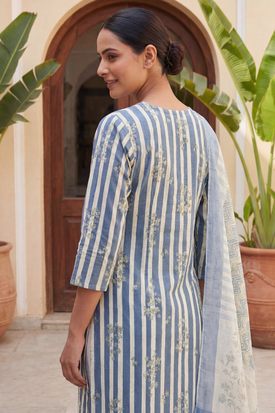 Slate Sprig Elegance Stripe Cotton Dupatta Set — image 12
