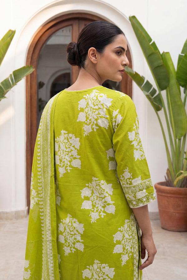 Lime Blossom Crest Floral Cotton Dupatta Set