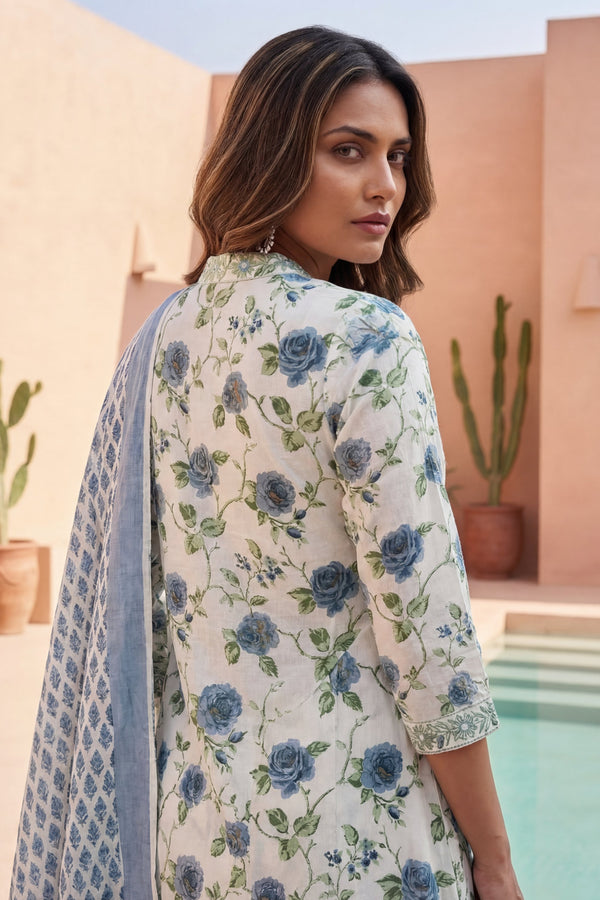 Ivory Rose Garden Blue Floral Cotton Dupatta Set