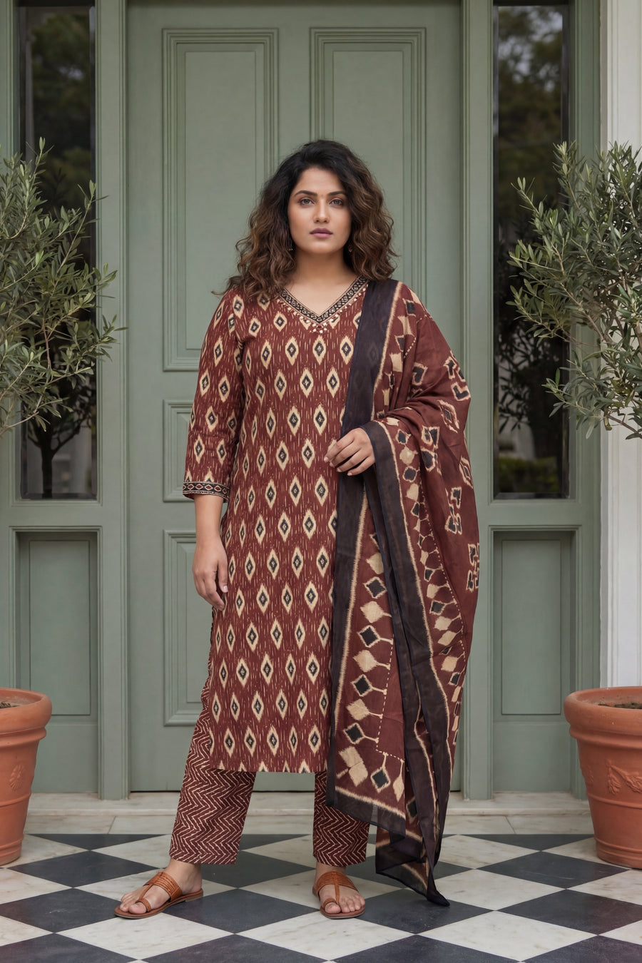 Burgundy Brilliance Cotton Kurta Dupatta Set — image 9