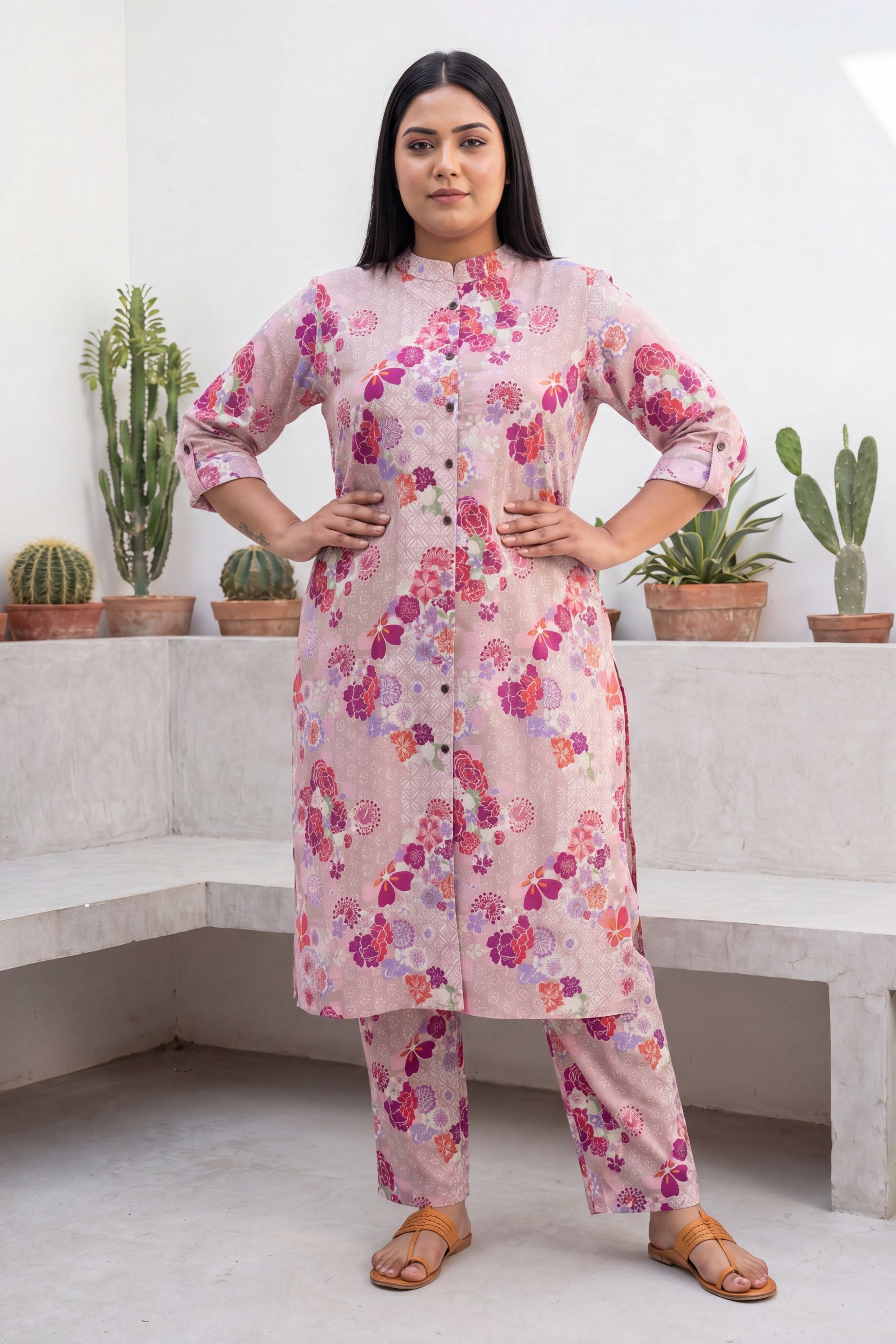 Petal Whisper Pink Mandarin Cotton Co-ord Set