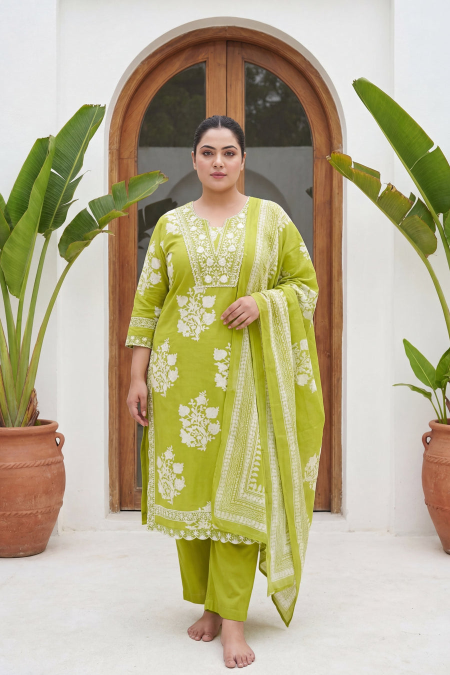 Lime Blossom Crest Floral Cotton Dupatta Set — image 8