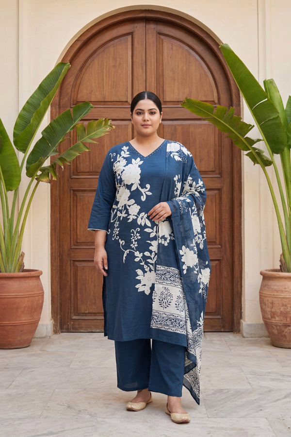 Cerulean Garden Pearl Floral Cotton Dupatta Set
