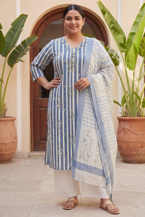 Slate Sprig Elegance Stripe Cotton Dupatta Set