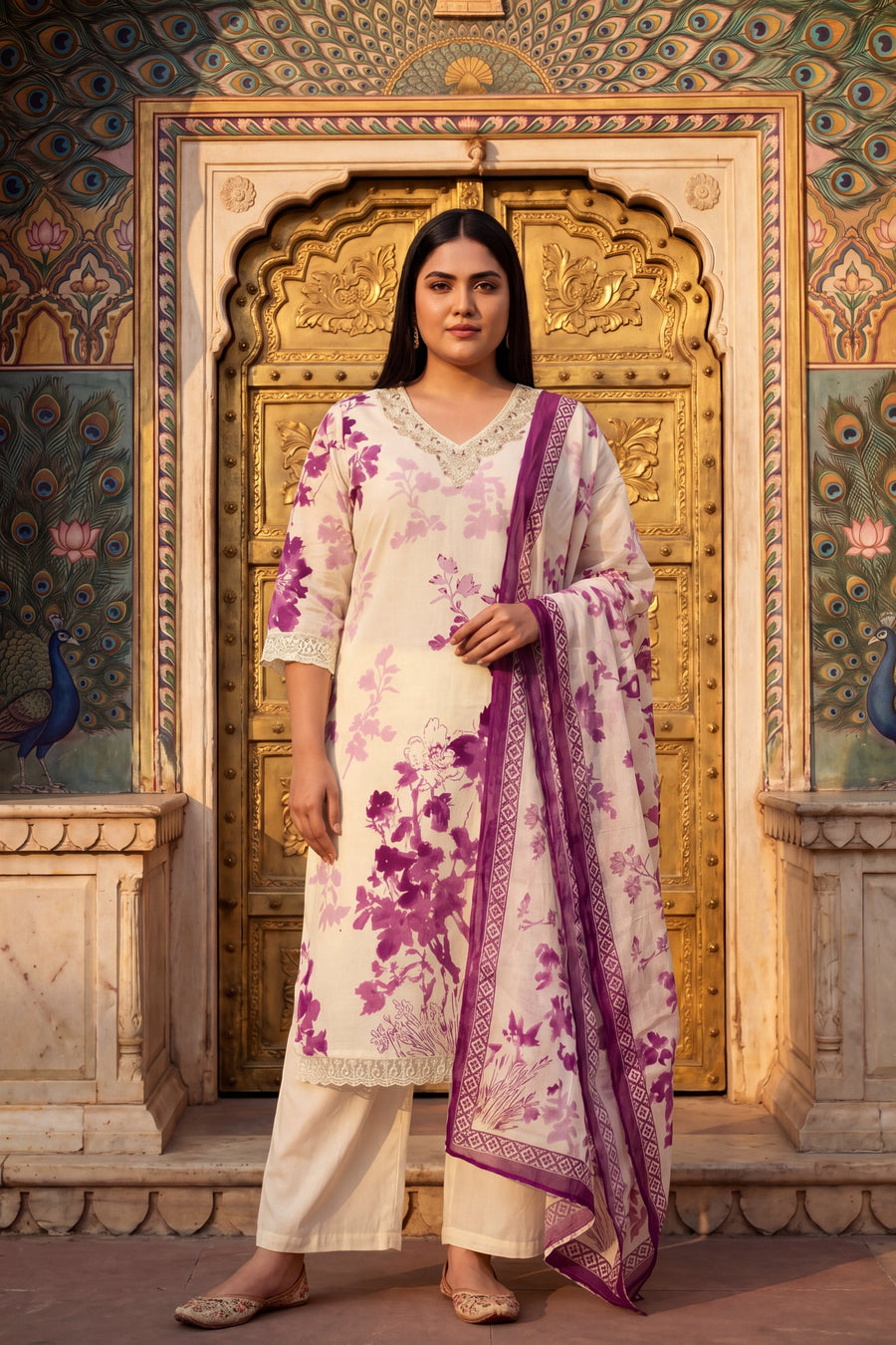 Silk Road Echo Plum Scattered Floral Cotton Suit Set — image 5
