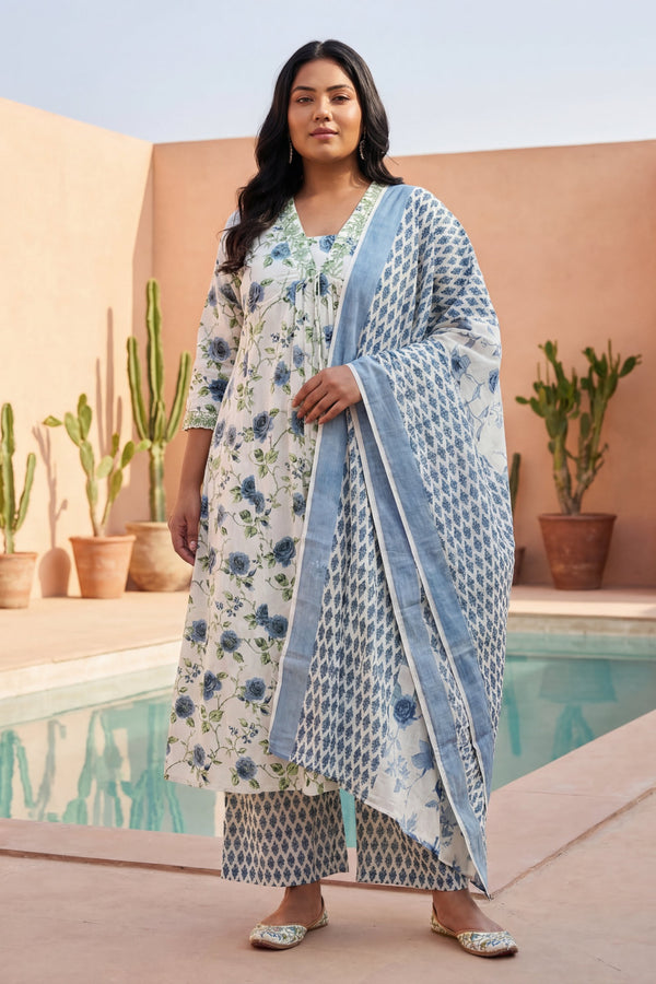 Ivory Rose Garden Blue Floral Cotton Dupatta Set