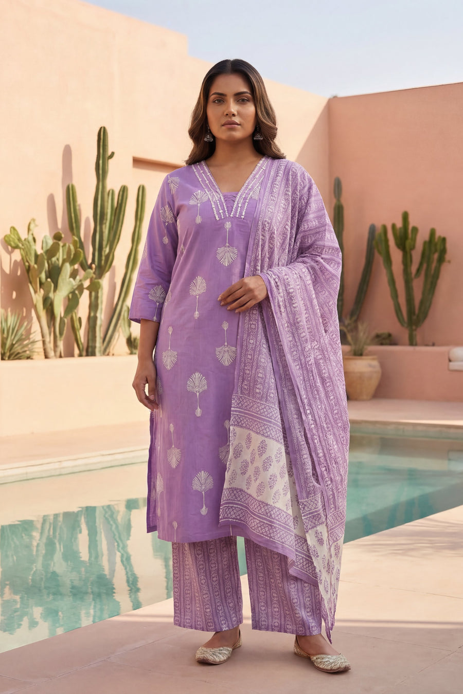 Lilac Palm Reverie Boota Cotton Dupatta Set — image 6