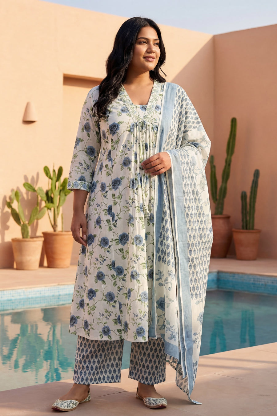 Ivory Rose Garden Blue Floral Cotton Dupatta Set — image 5