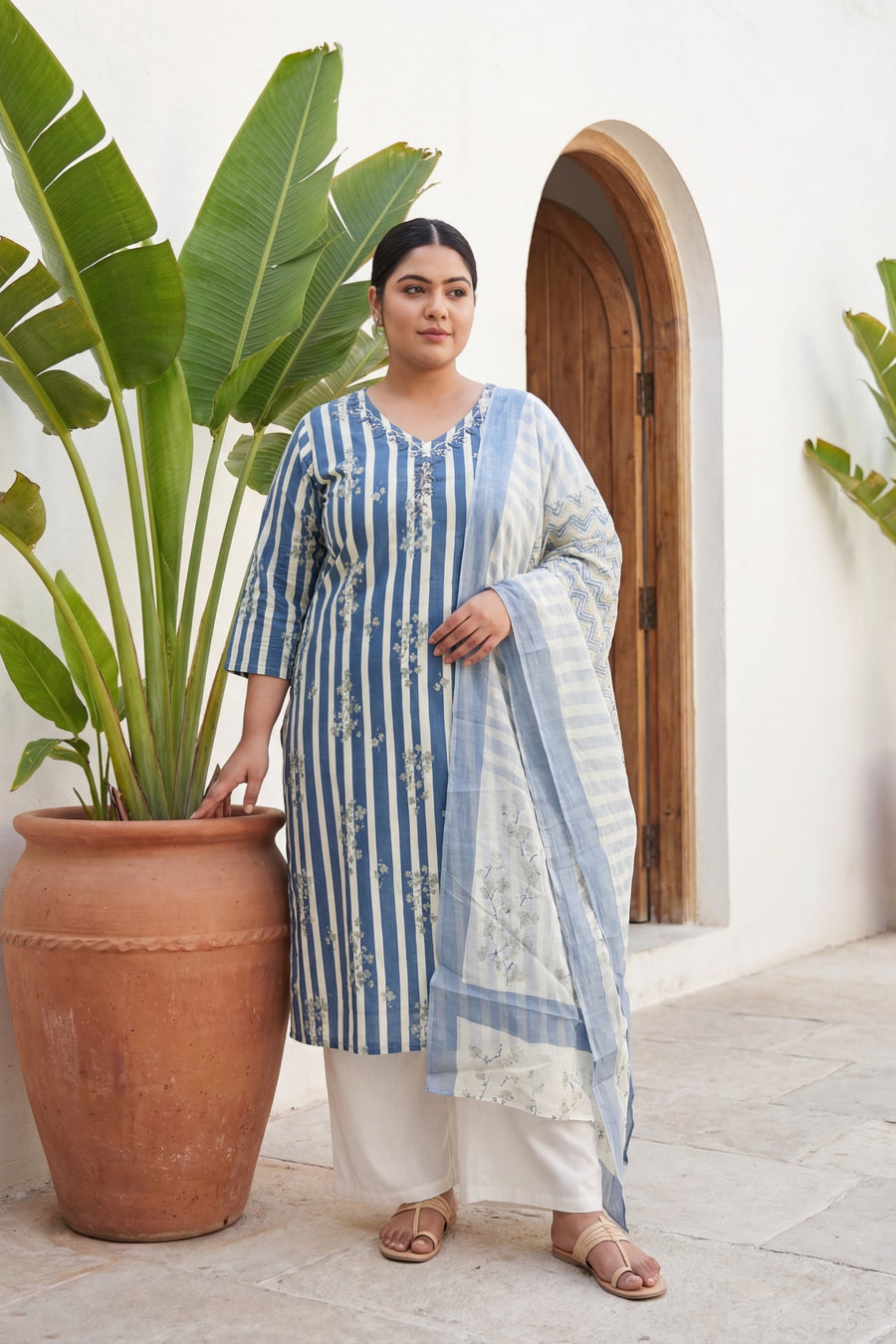 Slate Sprig Elegance Stripe Cotton Dupatta Set — image 7