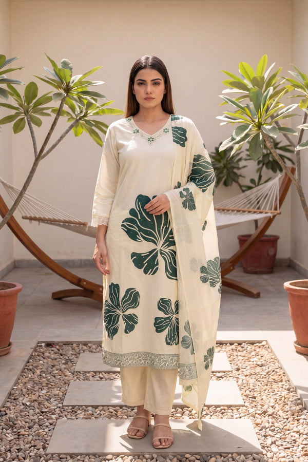 Sheesham Grove Ivory Leaf Print Cotton Suit Set