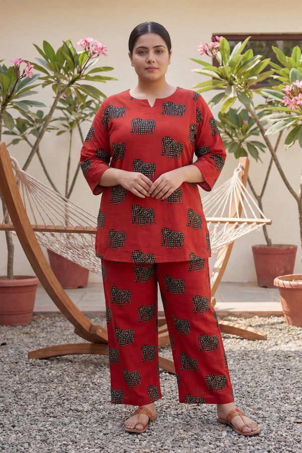 Crimson Angles: Red Geometric Cotton Co-ord Set