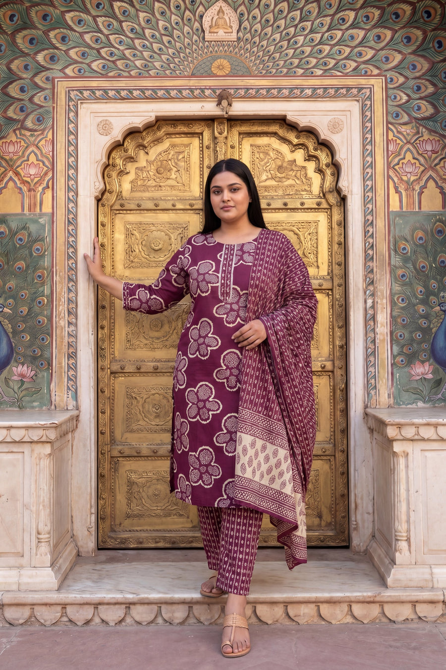 Woven Katha Plum Floral Cotton Suit Set — image 3