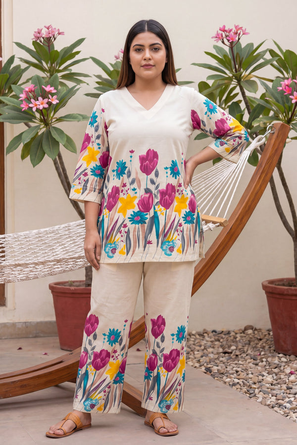 Tulip Garden Ivory Scattered Floral Cotton Co-ord Set