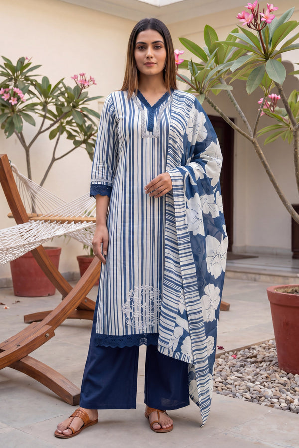 Shibori Mist Denim Dusk Striped & Floral Cotton Suit Set