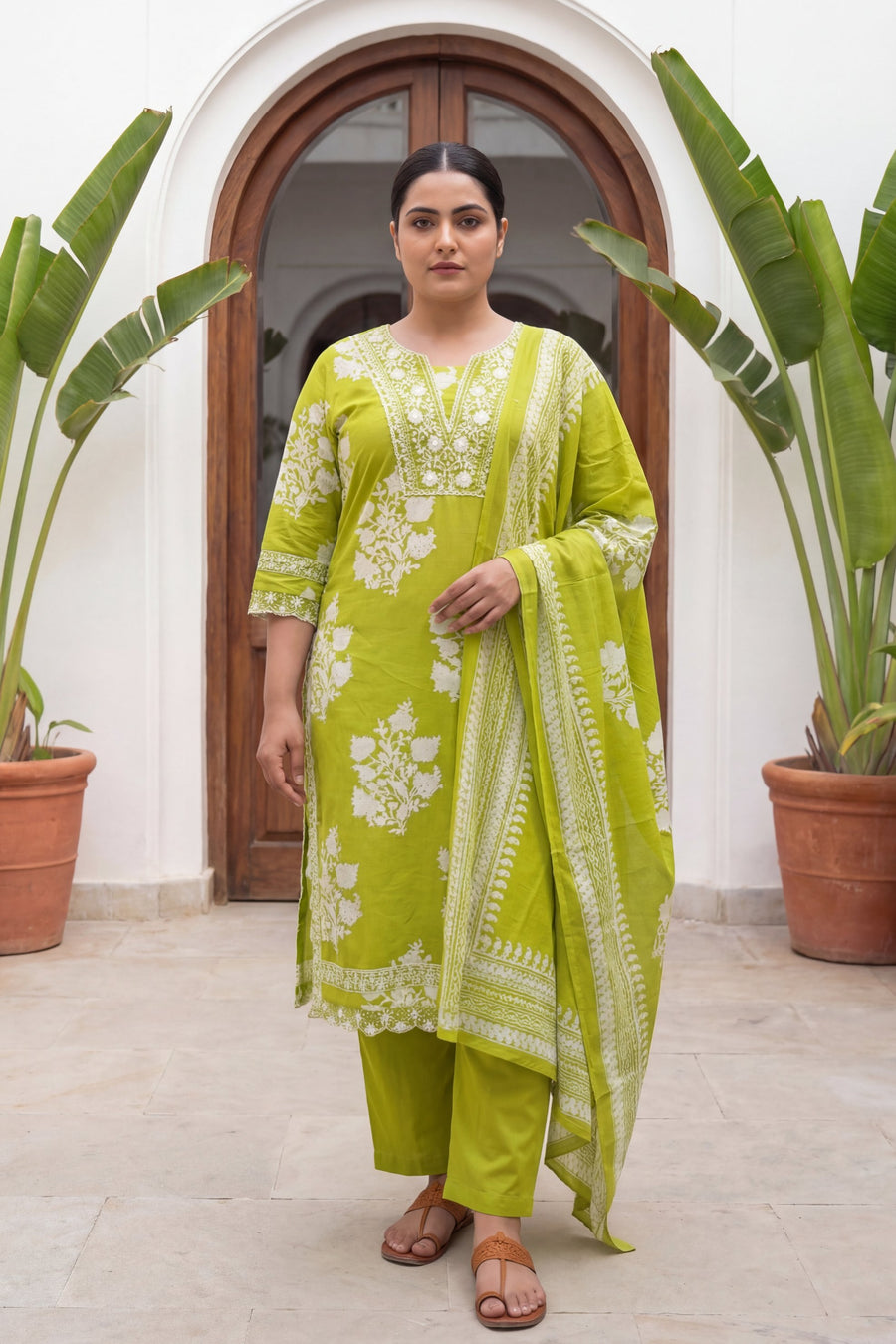 Lime Blossom Crest Floral Cotton Dupatta Set — image 6