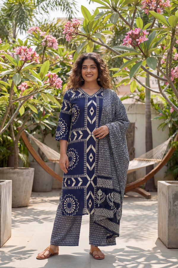 Midnight Symmetry Cotton Angrakha Dupatta Set