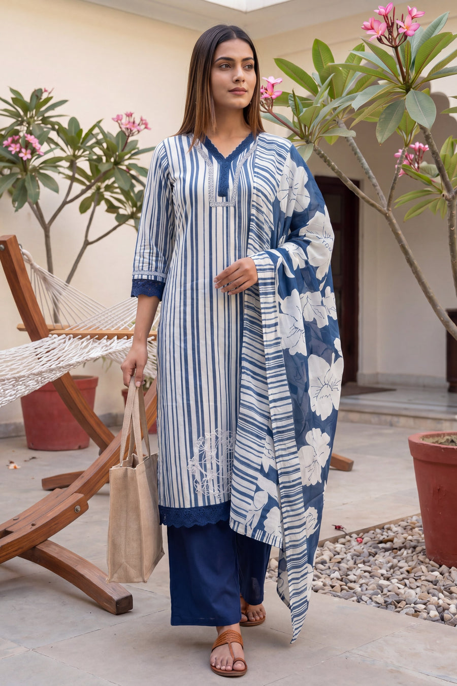Shibori Mist Denim Dusk Striped & Floral Cotton Suit Set — image 8