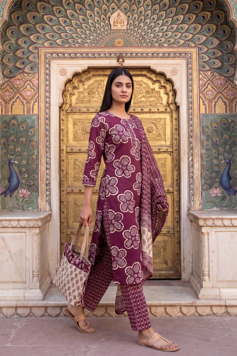 Woven Katha Plum Floral Cotton Suit Set — image 8