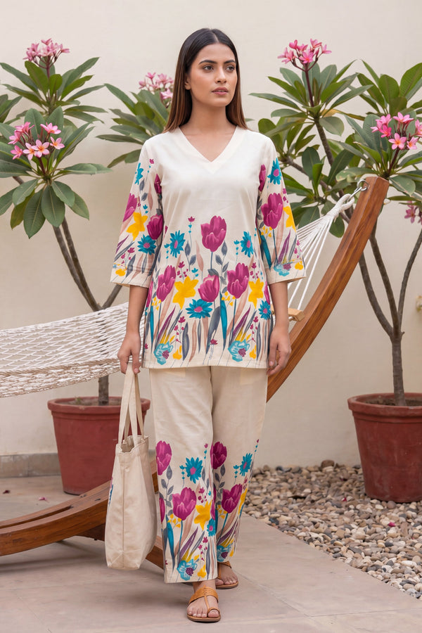 Tulip Garden Ivory Scattered Floral Cotton Co-ord Set