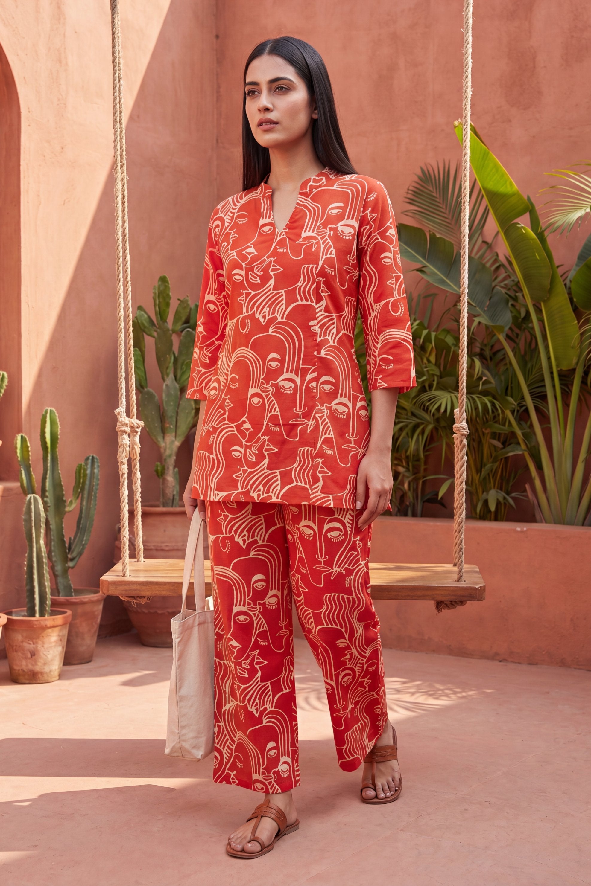 Sunlit Bloom Orange Anghrakha Cotton Co-ord Set