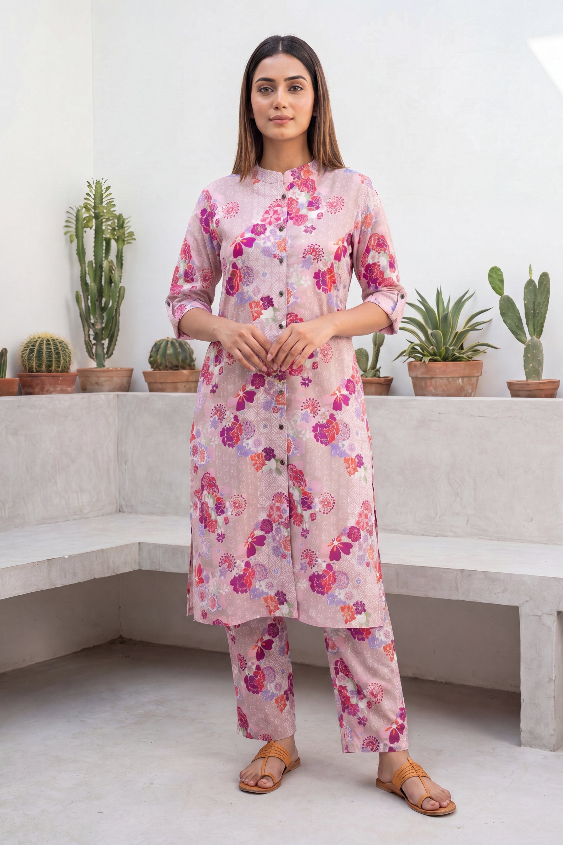 Petal Whisper Pink Mandarin Cotton Co-ord Set