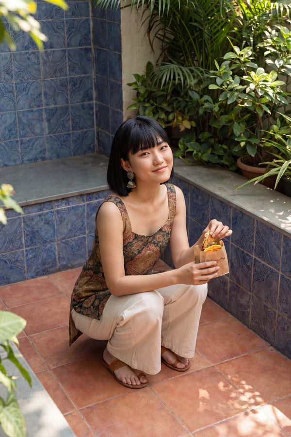 Editorial Sage Green Square Neck Cotton Top