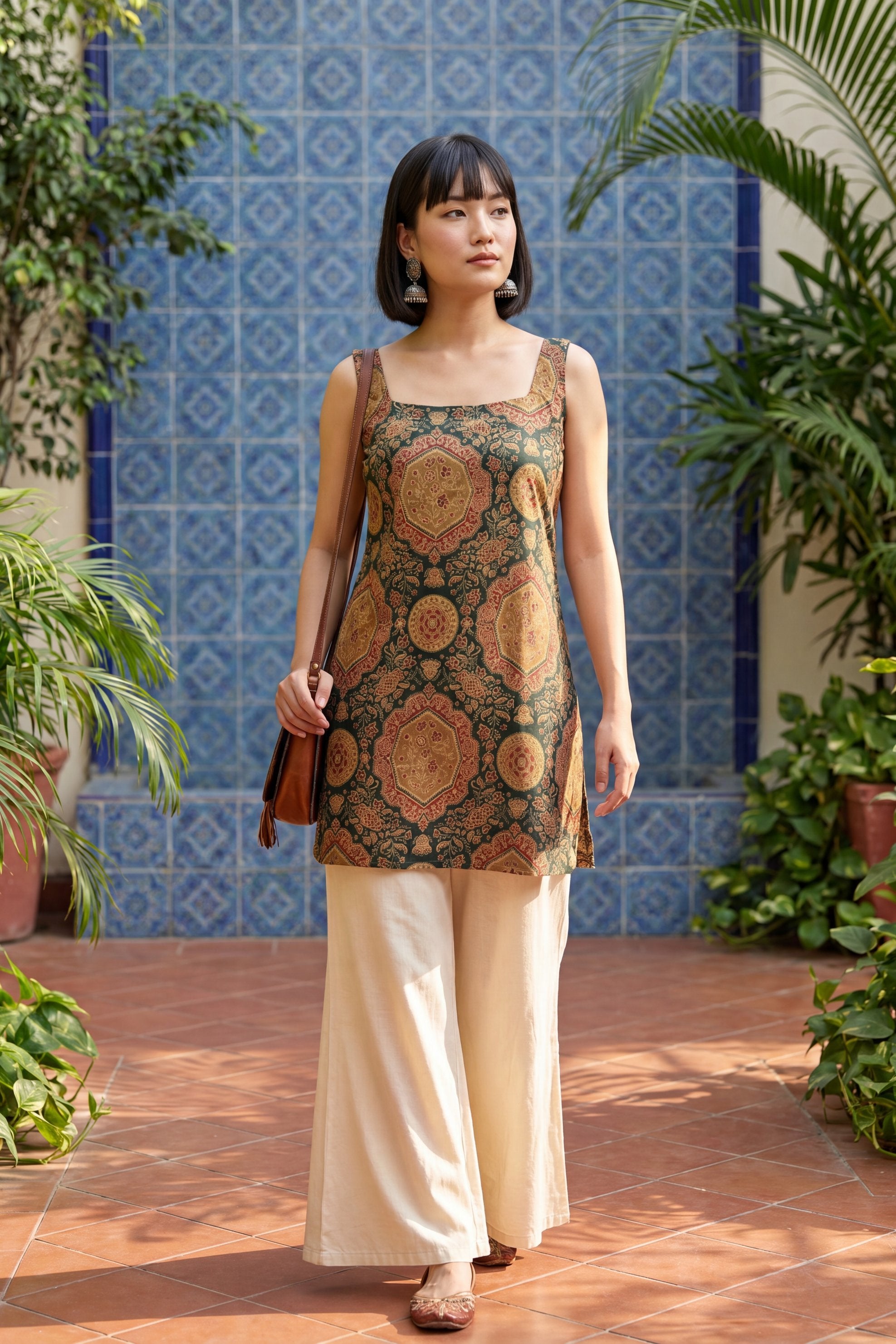 Editorial Sage Green Square Neck Cotton Top