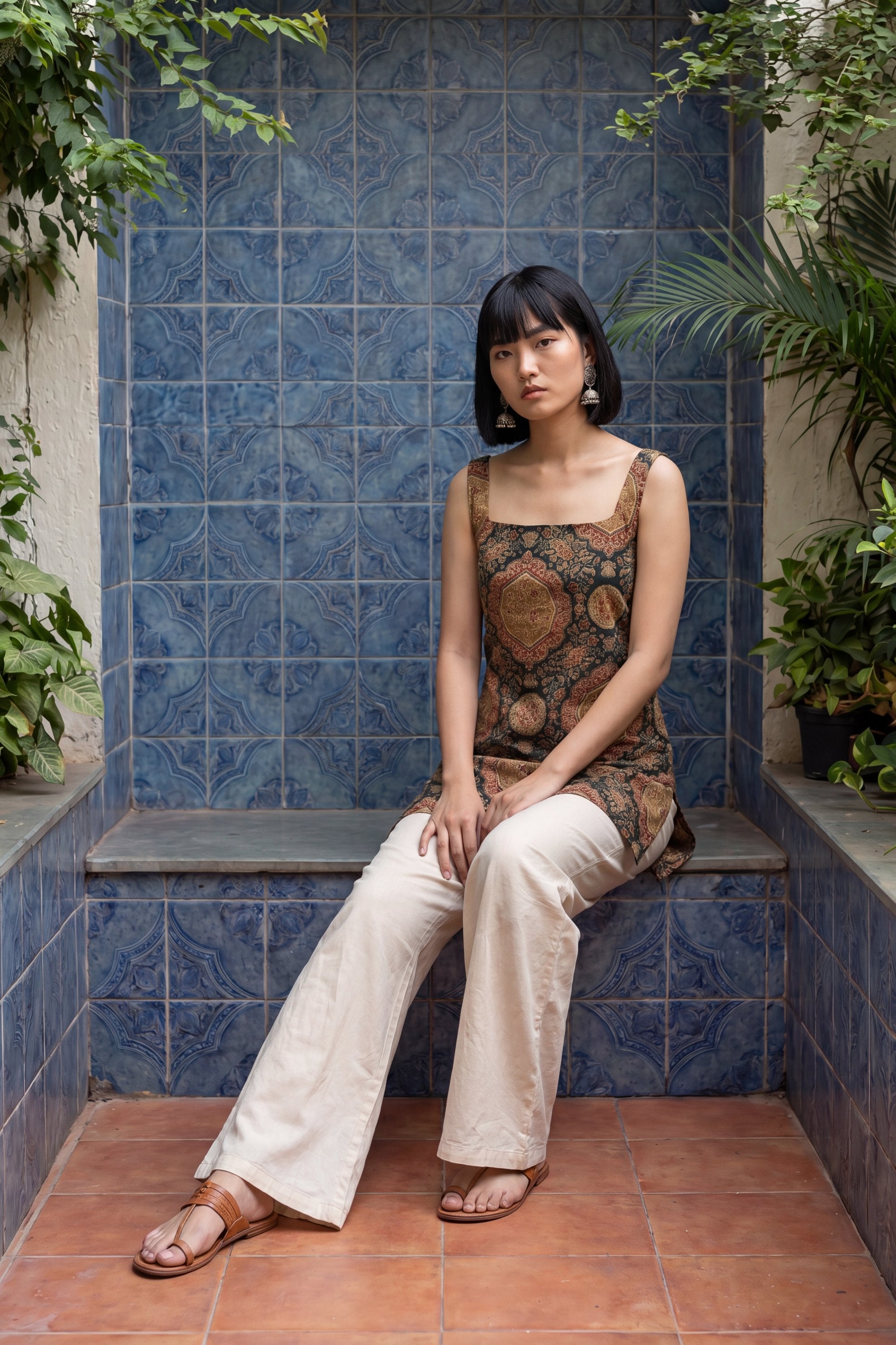 Editorial Sage Green Square Neck Cotton Top