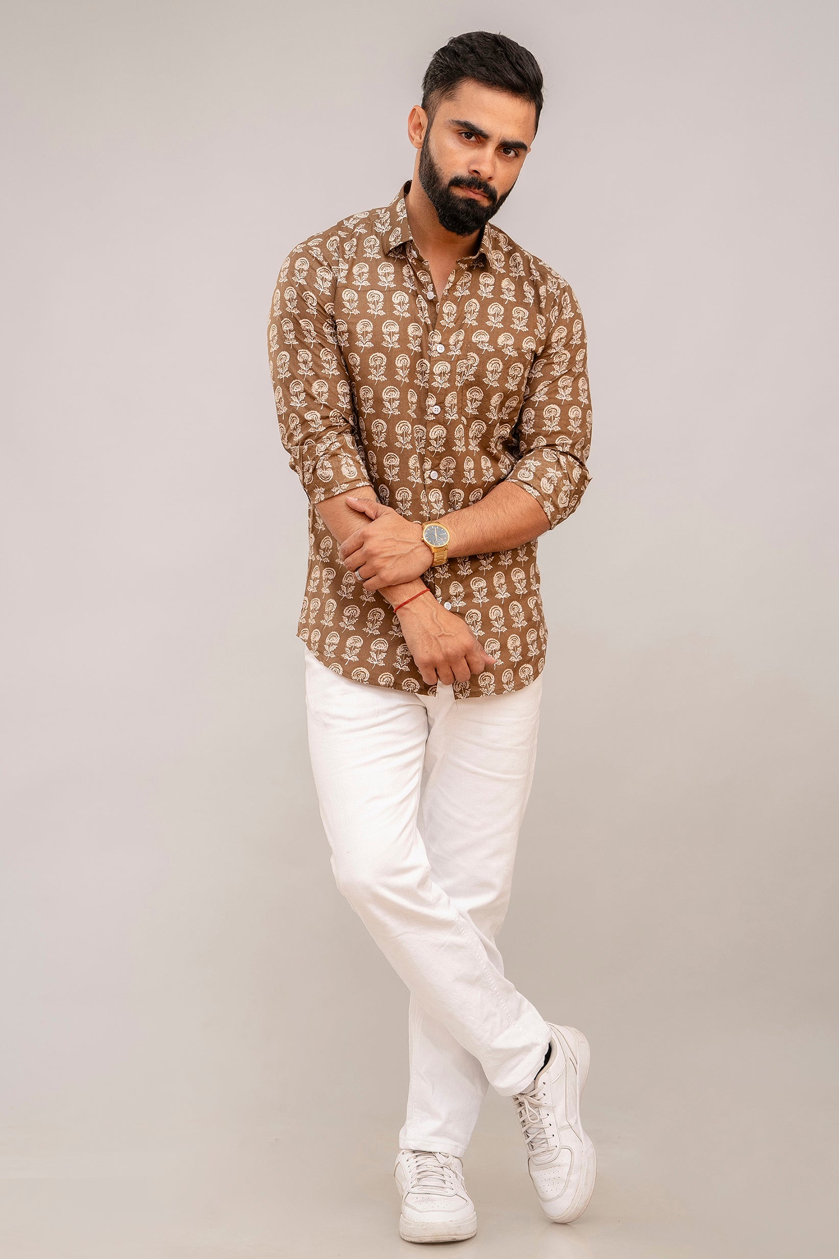 Cotton Brown Floral Shirt for Men - Hukum Jaipur