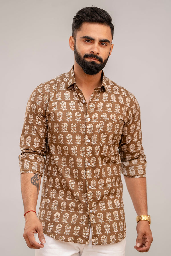 Cotton Brown Floral Shirt for Men