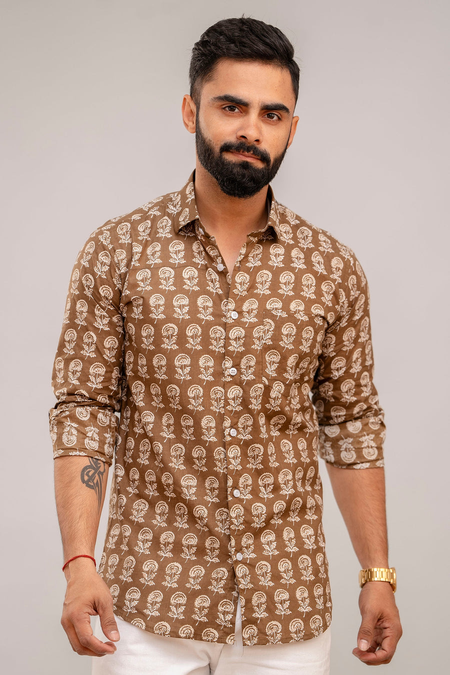 Cotton Brown Floral Shirt for Men — image 4