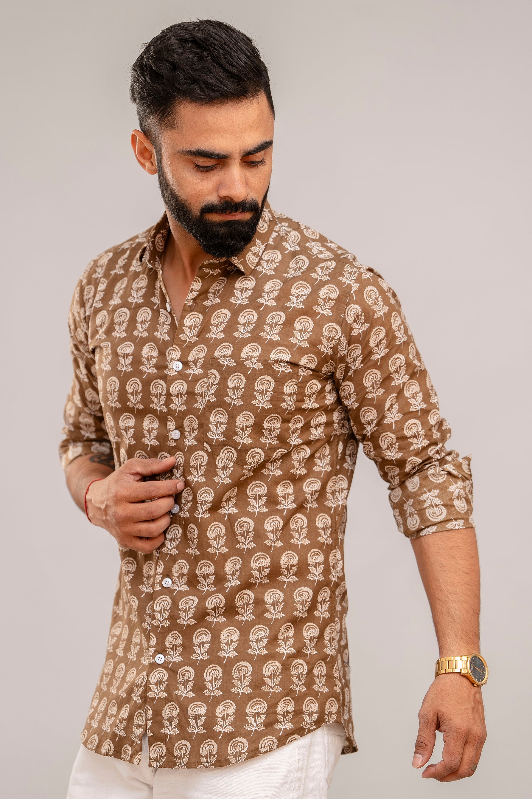 Cotton Brown Floral Shirt for Men - Hukum Jaipur